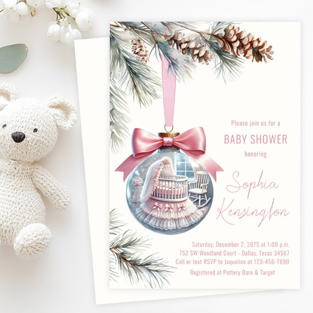 Rosa Prydnads Baby Shower Inbjudningar (Tree ornament baby shower invitation with glass ornament with baby girl pink nursery scene inside.)