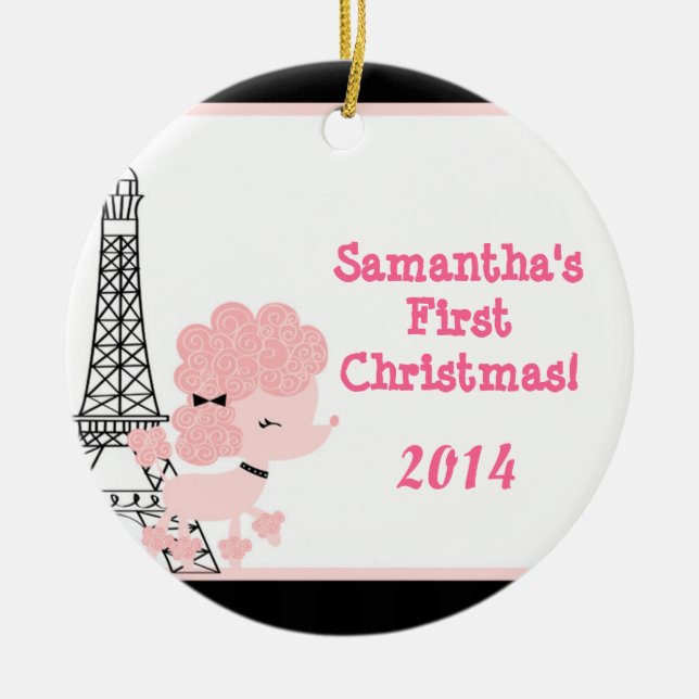 Rosa Pudel i Paris Personlig Namn Ornament (Framsidan)