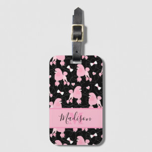 Rosa Pudel och Bows Mönster Black Namn Monogram Bagagebricka