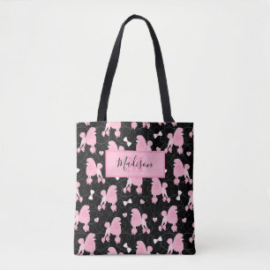 Rosa Pudel och Bows Mönster Black Namn Monogram Tygkasse