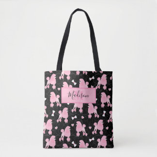 Rosa Pudel och Bows Mönster Black Namn Monogram Tygkasse