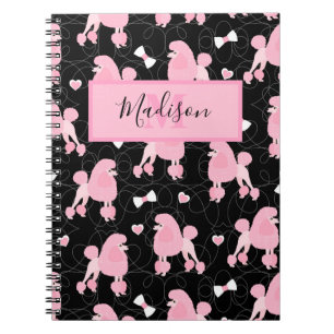 Rosa Pudel och Bows Mönster Namn och Monogram Anteckningsbok