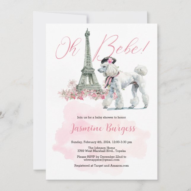 Rosa Pudel Paris Baby Shower-inbjudan Inbjudningar (Framsida)