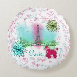 Rosa pudelParis Eiffel torn Rund Kudde