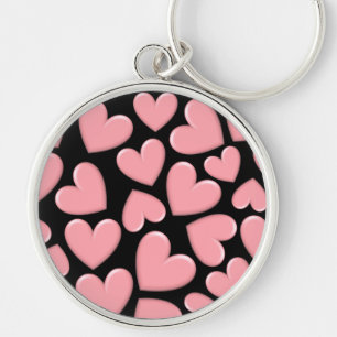 Rosa Puffy Hearts Rund Silverfärgad Nyckelring