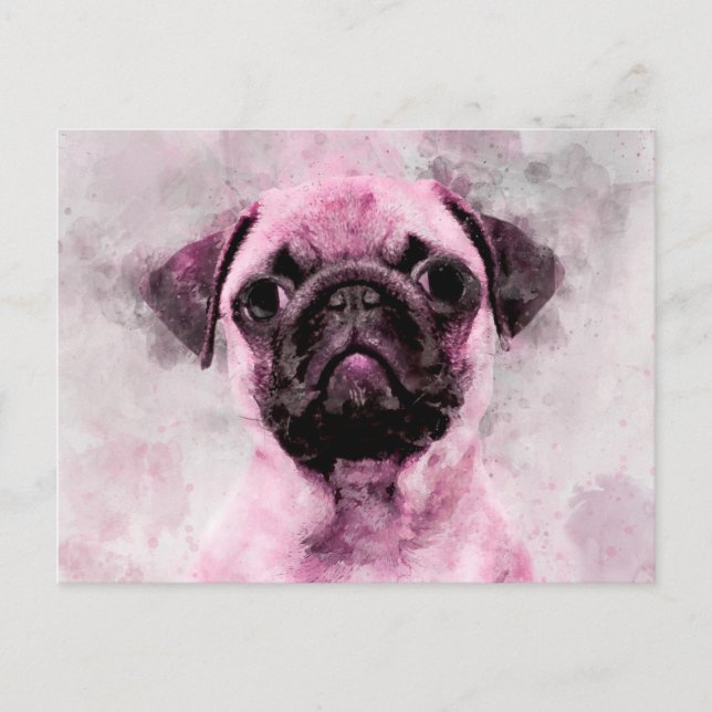 Rosa Pug Hund Watercolor Porträtt 02 Vykort (Framsida)