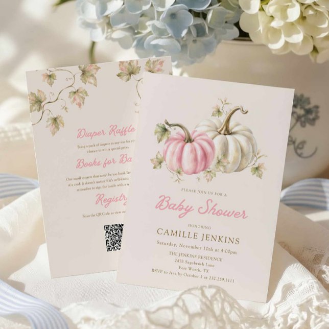 Rosa pumpa allt-i-ett bebisfest-inbjudan inbjudningar (Fall Pumpkin Girl Baby Shower Invitation)