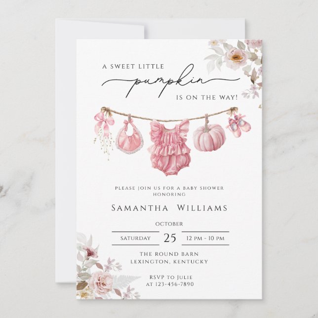 rosa pumpa baby shower flicka, Liten pumpa Inbjudningar (Framsida)