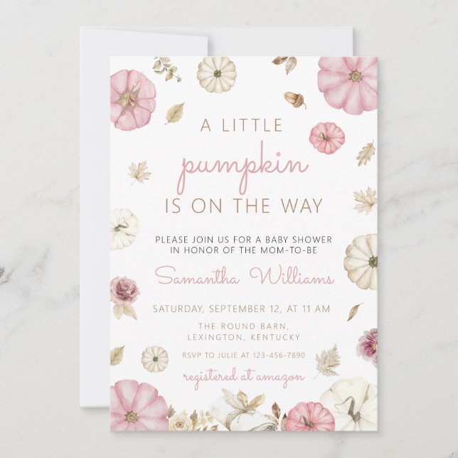 rosa pumpa baby shower flicka, Liten pumpa Inbjudningar (Framsida)