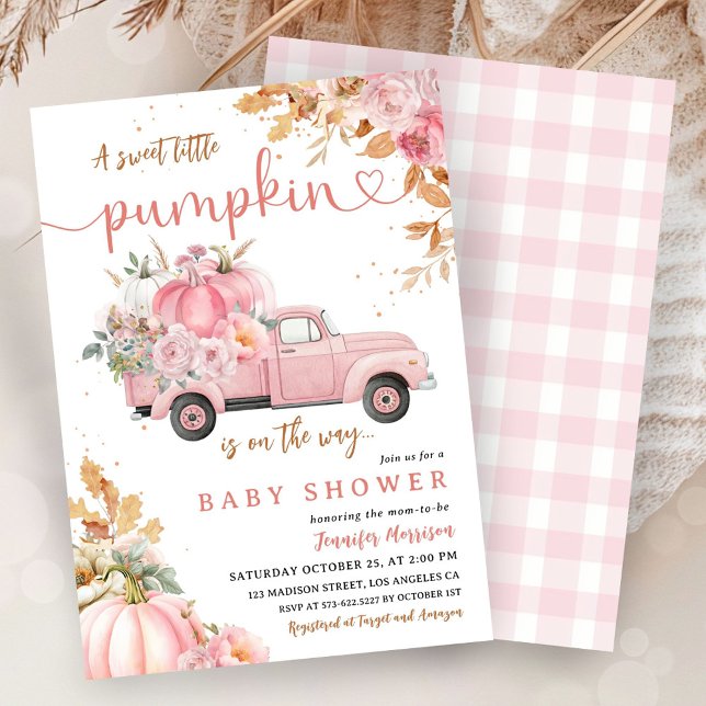 Rosa Pumpa Baby Shower Flicka Liten Pumpa Lastbil Inbjudningar (Skapare uppladdad)