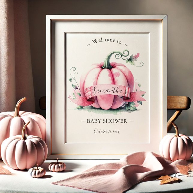 Rosa pumpa-barnkalasaffischer poster (Fall baby shower posters watercolor pink pumpkins by Do Tell A Belle.)