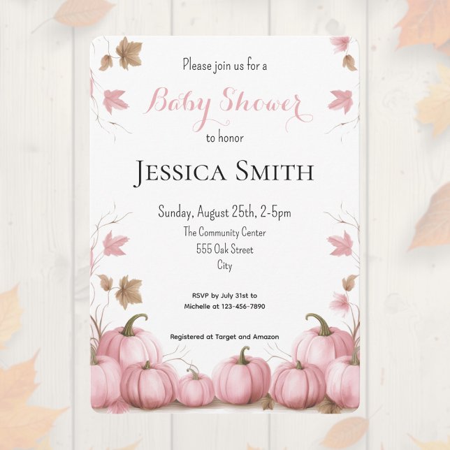 Rosa Pumpa Bebis-fest Inbjudan (Editable pink pumpkin theme baby shower invitation. )