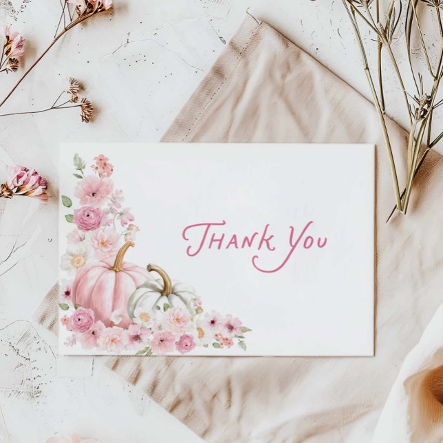 Rosa Pumpa Blommig Baby Shower Tacksamhetskort Tack Kort (Girl Pink Pumpkin Floral Baby Shower Thank you card)