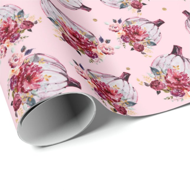 Rosa pumpa faller blommigt vattenfärg hösten mönst presentpapper (Rullad Hörn)