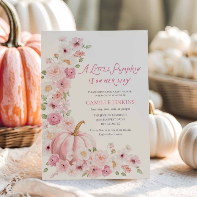 Rosa Pumpa Floral Flicka Bebis Shower Inbjudningar (Pink Pumpkin Fall baby shower invitation)