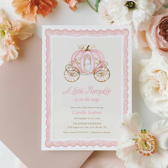 Rosa pumpa höst baby shower inbjudan (Little Pumpkin is the way Girl baby shower invitation)