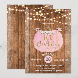 Rosa pumpa höst rustika trä ljus 1-års födelsedag inbjudningar