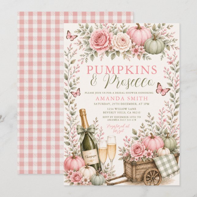 Rosa Pumpa Prosecco Höst Blommig Bröllopsdusch Inbjudningar (Fram/baksida)