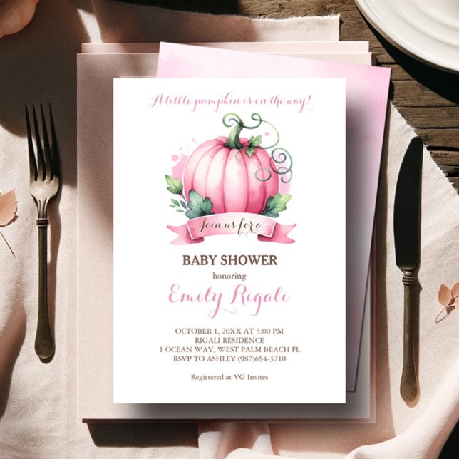Rosa pumpabarnvaskupong – Hösttema Inbjudningar (Baby shower invitations girl pink watercolor pumpkin )