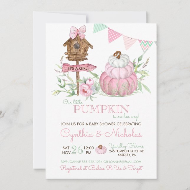 Rosa pumpafält fågelhus flicka baby shower inbjudningar (Framsida)