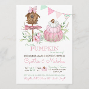 Rosa pumpafält fågelhus flicka baby shower inbjudningar