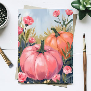 Rosa pumpafältros blomvattenfärg höst helg vykort