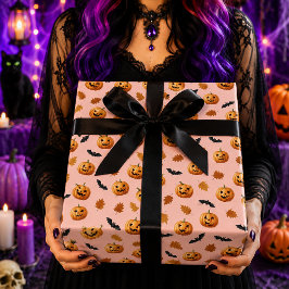 Rosa Pumpafladdermöss Höstlöv Halloween-mönster Presentpapper