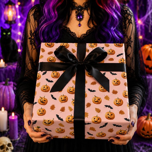 Rosa Pumpafladdermöss Höstlöv Halloween-mönster Presentpapper (Skapare uppladdad)