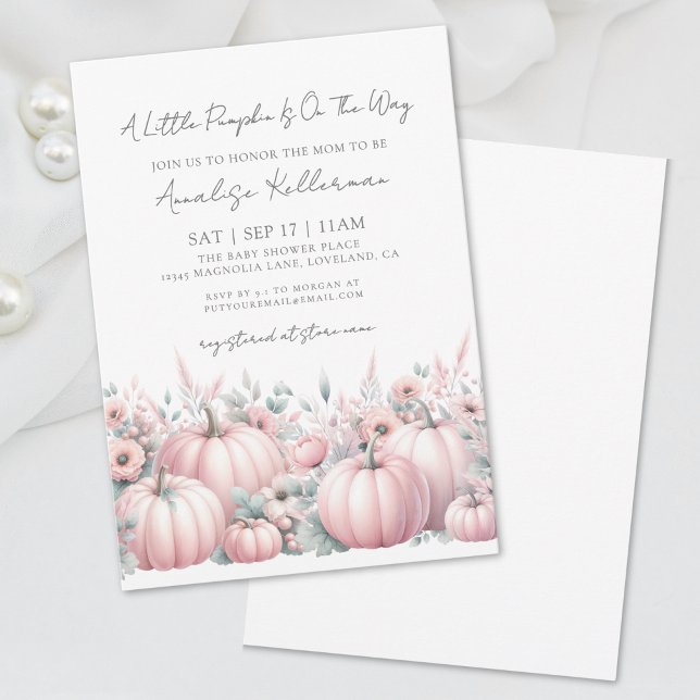 Rosa Pumpaflicka Höst Bebis Shower Inbjudningar (Pink Pumpkin Girl Fall Baby Shower Invitation)