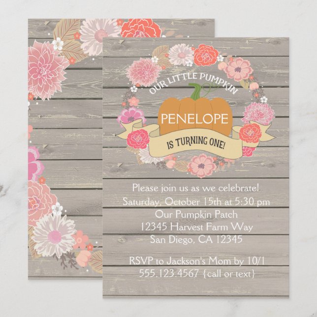 Rosa Pumpkin 1:a födelsedagspartiets inbjudan (Fram/baksida)