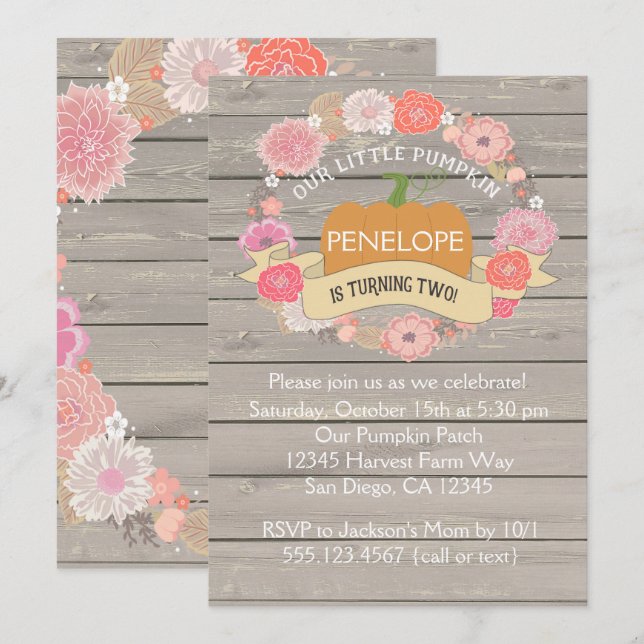 Rosa Pumpkin 2:a födelsedagsinbjudan Inbjudningar (Fram/baksida)