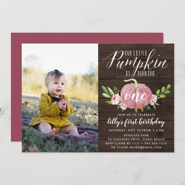 Rosa Pumpkin Anpassningsbar Age Födelsedagsfest Ph Inbjudningar (Fram/baksida)