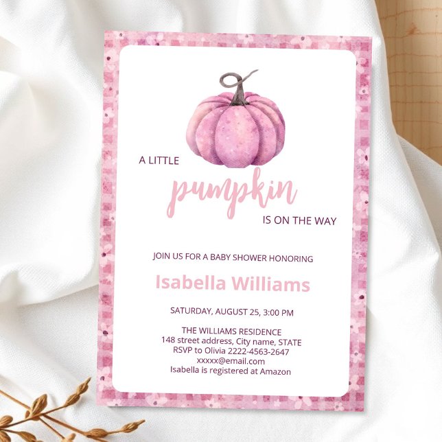 Rosa Pumpkin Baby Shower-inbjudan | Falltema Inbjudningar (Little pumpkin minimalistic autumn fall pink girl baby shower invitation )
