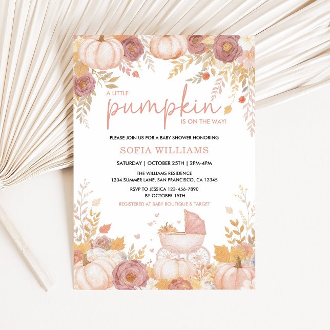 Rosa Pumpkin Baby Shower-inbjudan för flickor fall Inbjudningar (Little Pumpkin Baby Shower Invitation in Blush and Gold)