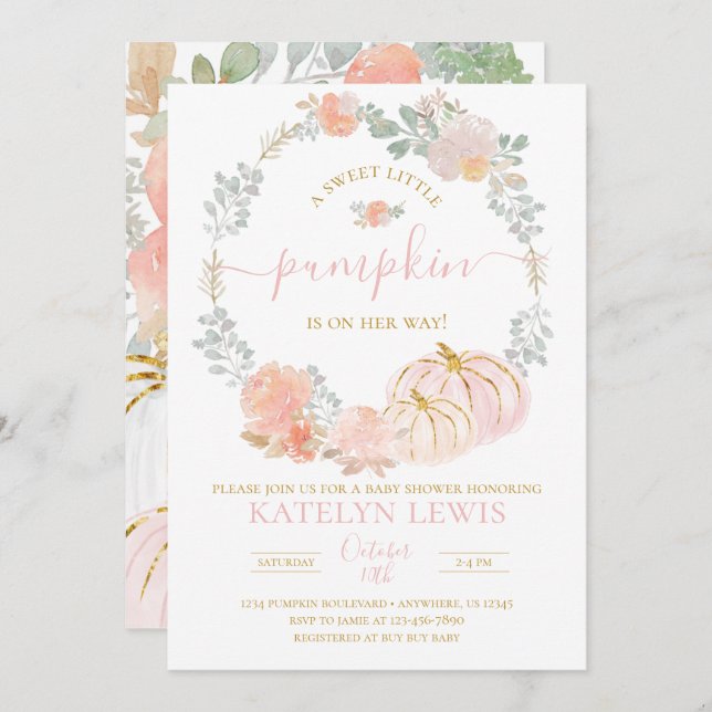 Rosa Pumpkin Baby Shower-inbjudan Inbjudningar (Fram/baksida)