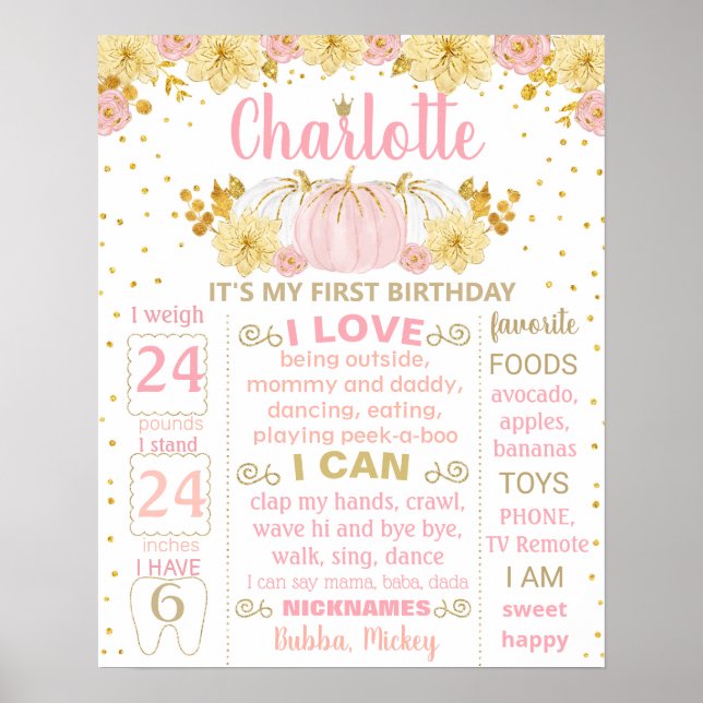 Rosa Pumpkin Birthday millestone-skylt Poster (Framsidan)