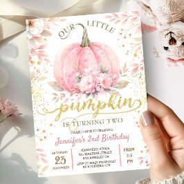 Rosa Pumpkin Blommigt Guld Glitter flicka 2:a föde Inbjudningar