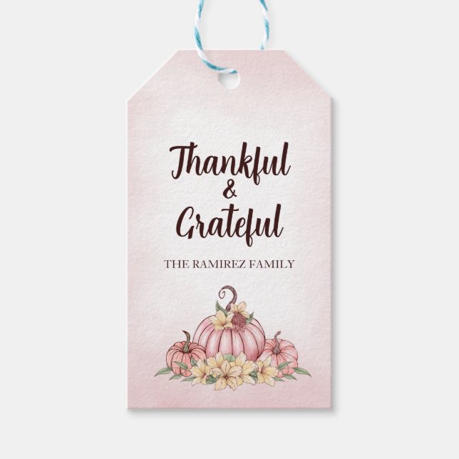 Rosa Pumpkin Blommigt Thanksgiving Presentetikett (Framsidan)