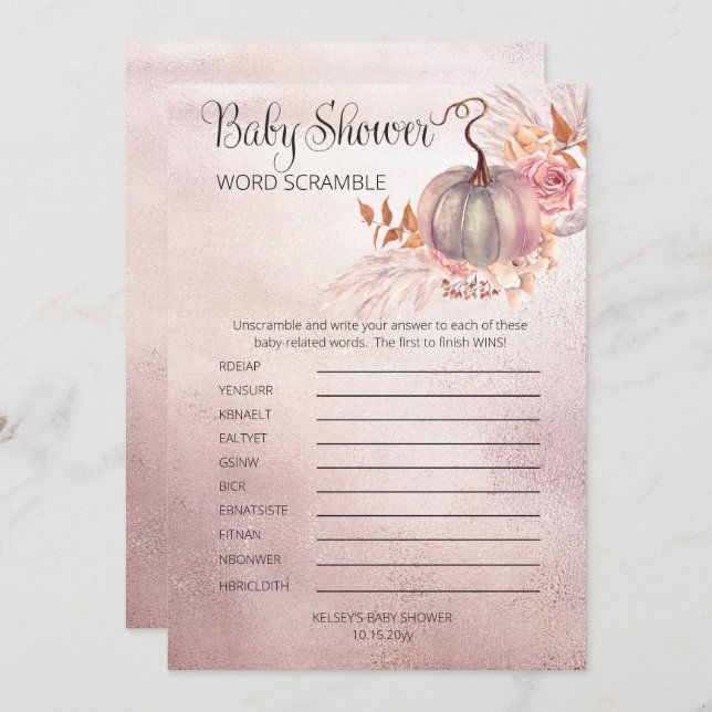 Rosa Pumpkin Boho Pampas Baby Shower Ord Scramble Inbjudningar (Fram/baksida)
