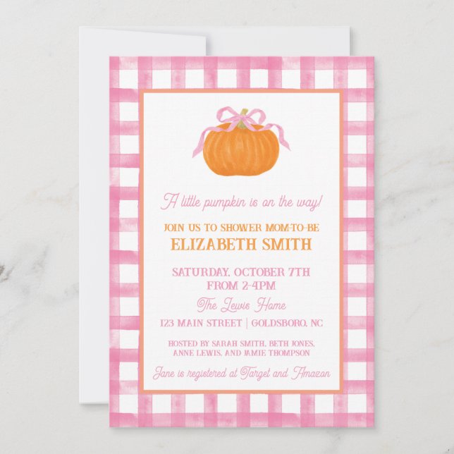 Rosa Pumpkin Bow Baby Shower-inbjudan Inbjudningar (Framsida)