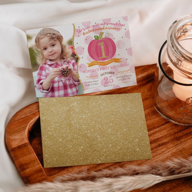Rosa Pumpkin Fall 1:a födelsedagsinbjudan Inbjudningar (Skapare uppladdad)