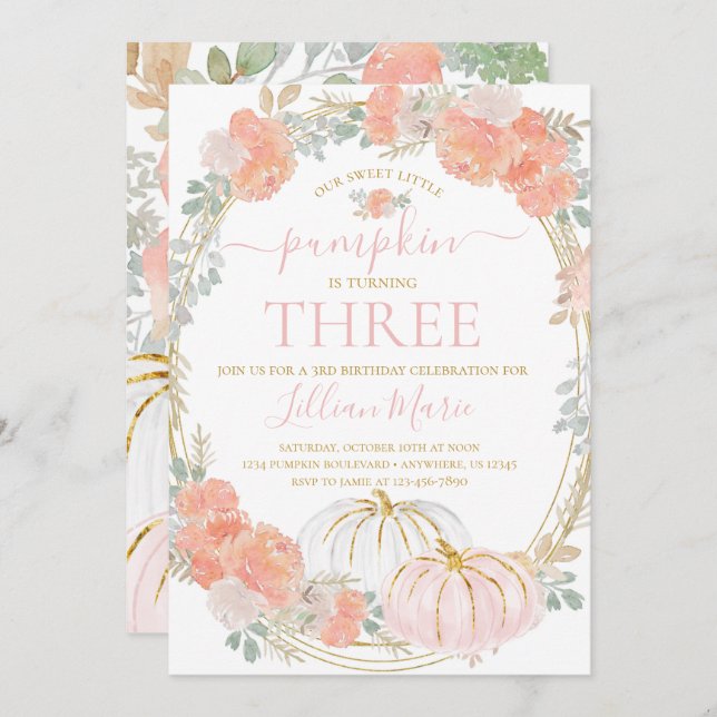 Rosa Pumpkin Fall Birthday-inbjudan Inbjudningar (Fram/baksida)