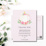 Rosa Pumpkin Fall Girl's Baby Shower Tack Vykort<br><div class="desc">Tack till din familj och dina vänner för deras tankeväckande gåvor och för att du har varit med i flicka-duschen med det här söt tack-du-vykortet. Den är dekorerad med en fin vattenfärg av en rosa pumpkin,  ro och grönt foliage på mjuk rosa. Enkelt anpassad. Ursprunglig vattenfärg © Michele Davies.</div>