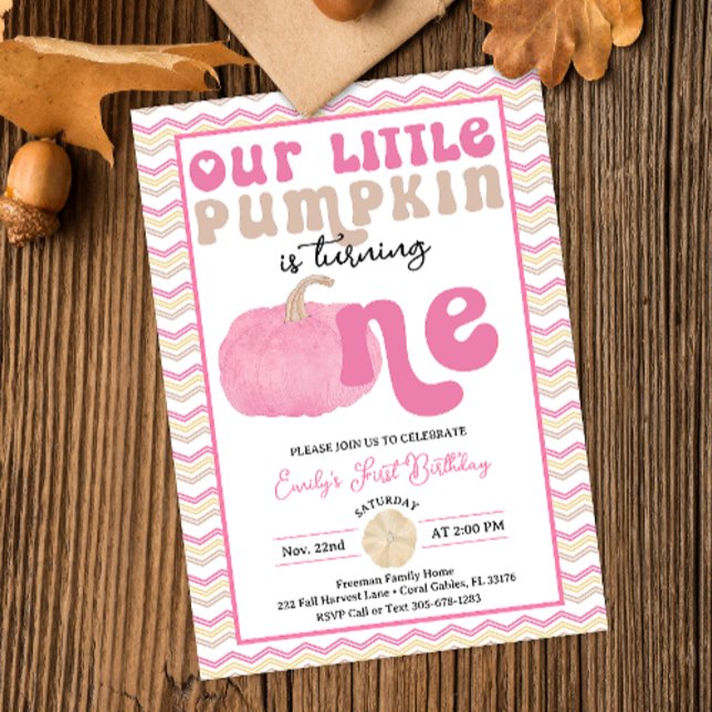 Rosa Pumpkin First Birthday Inbjudan (Retro Typography Pink Pumpkin Birthday Invitation)