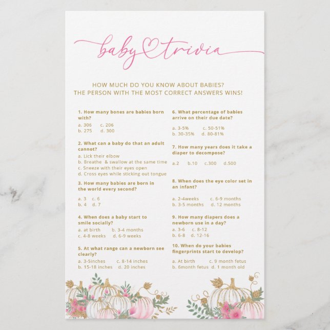 Rosa Pumpkin Flowers Baby Trivia Game (Framsida)