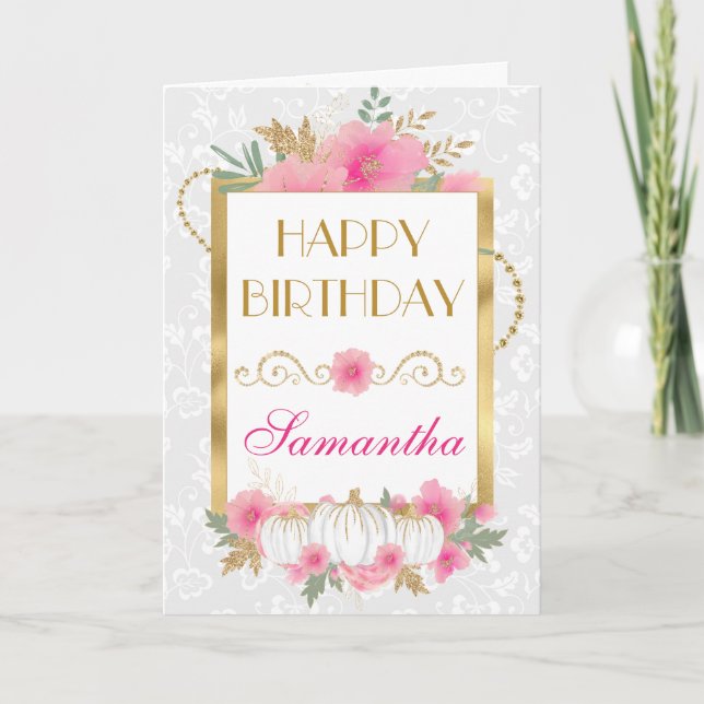 Rosa Pumpkin Flowers Gold Foil Birthday Kort (Framsida)