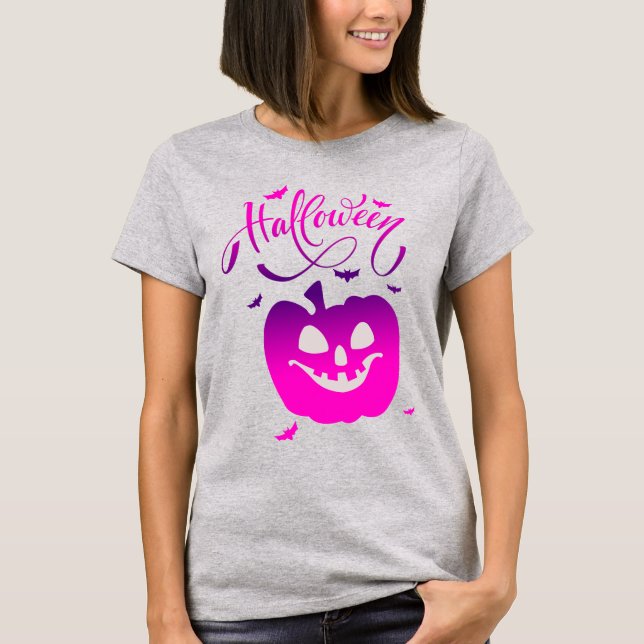 Rosa Pumpkin Funny Ansikte Halloween T Shirt (Framsida)