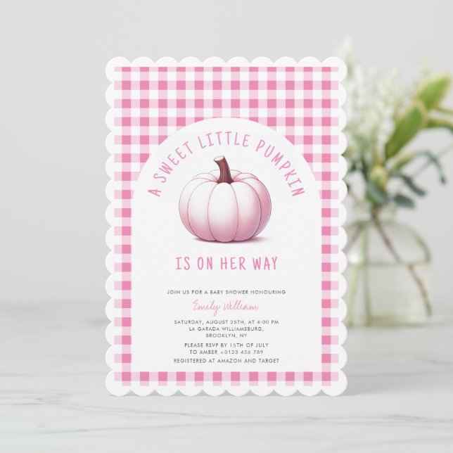 Rosa Pumpkin Gingham Play Flicka Baby Shower Inbjudningar (Stående Fram)