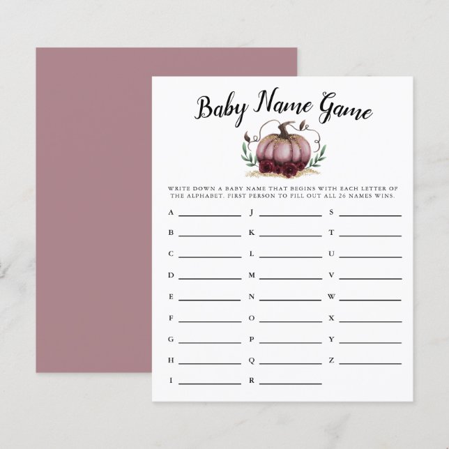 Rosa Pumpkin Girl Baby Namn Shower Game (Fram/baksida)