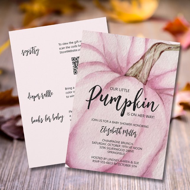 Rosa Pumpkin Girl Baby Shower Inbjudningar (Pink pumpkin girl baby shower all in one invitations,  registry, diaper raffle & books for baby )